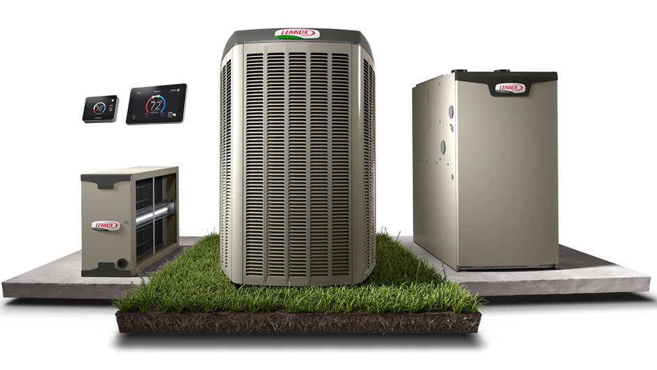 Lennox HVAC equipment lineup including an air conditioner, furnace, and air handler